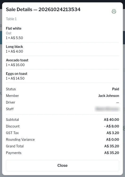 Sale details on the Till screen